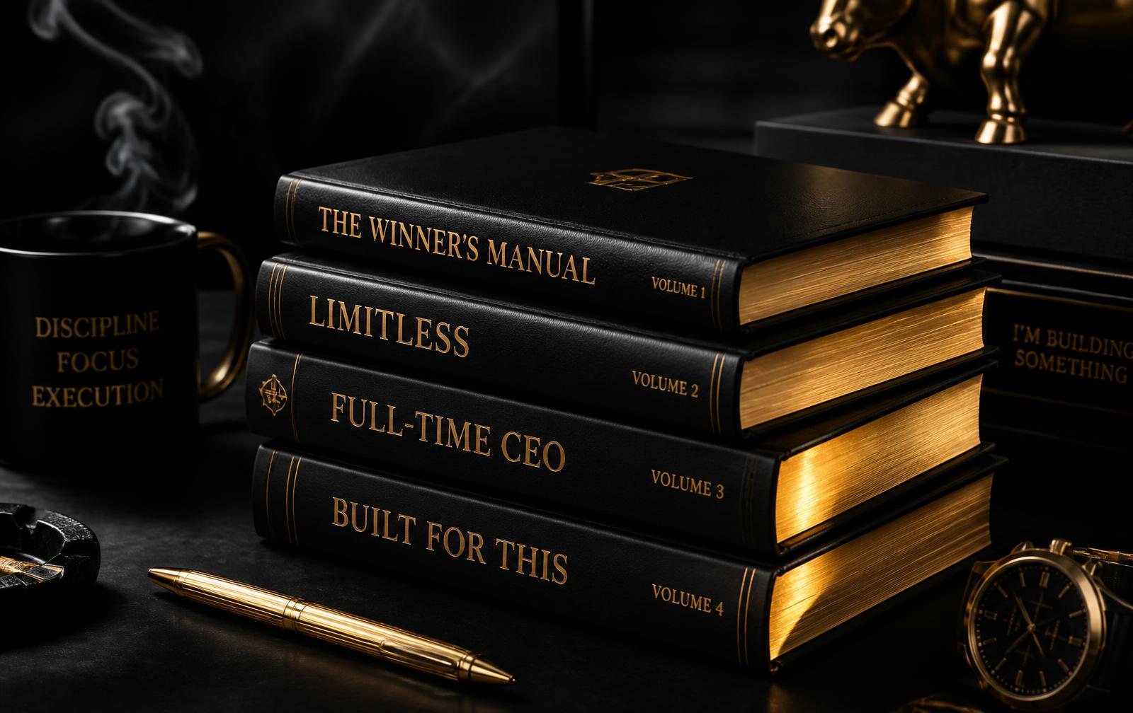 Black and gold hardcover business books on a matte black desk